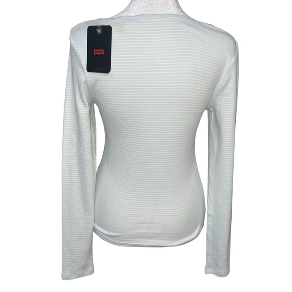 Levi’s Women’s Long Sleeve Striped Logo Tee Shirt Top Blue White Small NWT - Picture 2 of 5